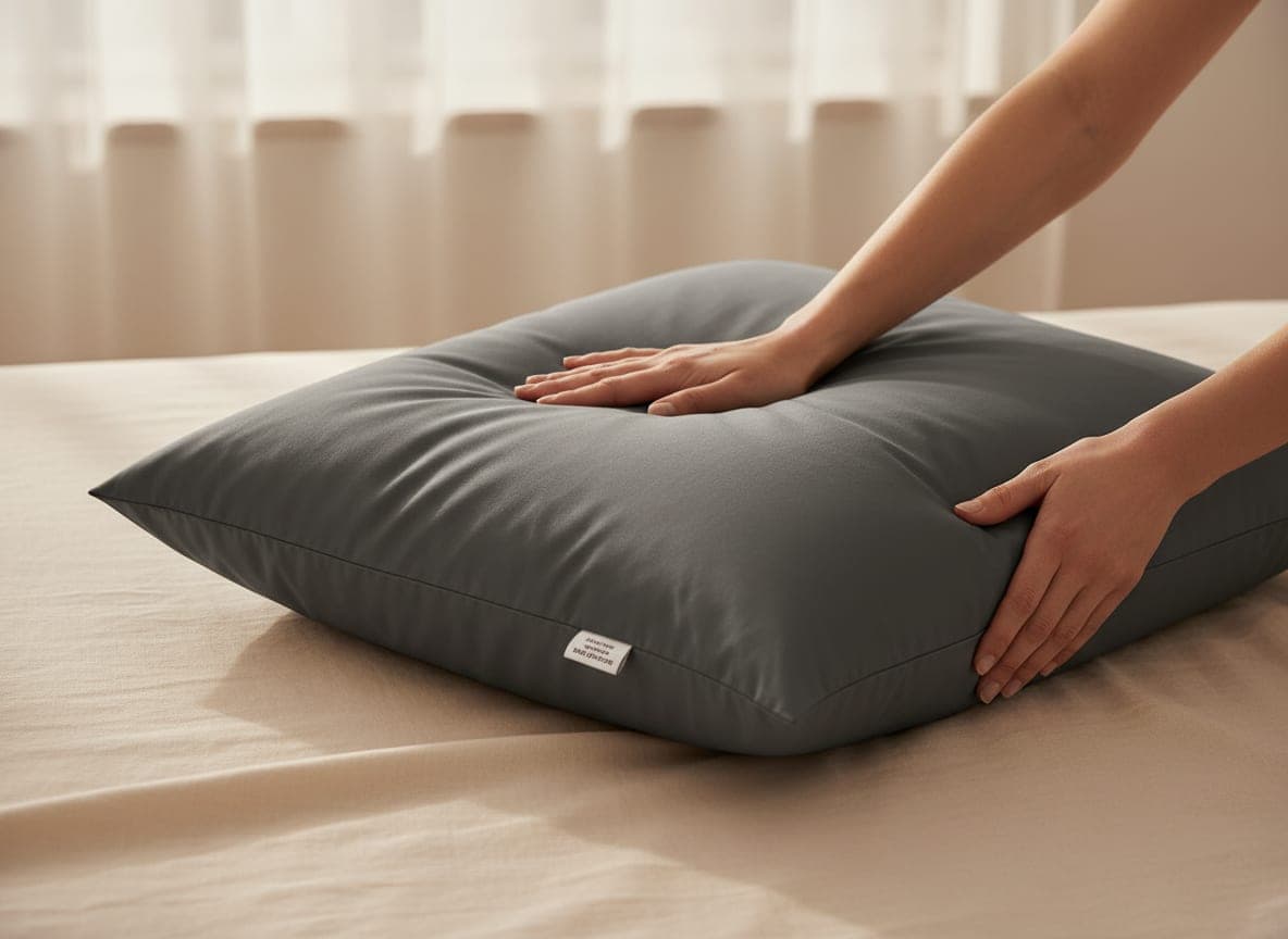 Hands fluffing a charcoal pillow